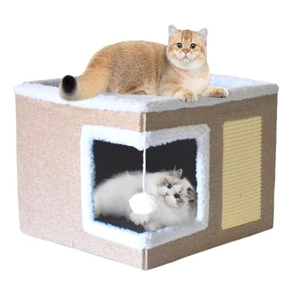 Cat Bed for Indoor Cats Cube House,Large Covered Cat Beds Cave & Furniture with Fluffy Ball and Scratch Pad Foldable Hideaway Nest & Condo with Washable Mat for Kitten Kitty Small Pet(Beige)