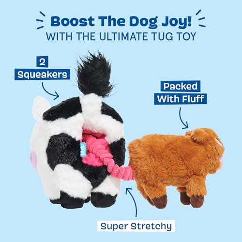 BarkBox Bertha the Cow Dog Toy | XL Plush Rip & Reveal Toy with 2 Squeakers, Bungee Calf, Treat Hiding & Crinkle | for Dogs - color: Bertha the Cow