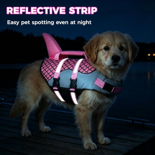 Dog Life Jacket,Shark Pattern High Buoyancy Adjustable Swim Vest with Rescue Handle,D-Ring&Reflective Strips for Boating Swimming Beach (Fish Scales/Rose red, X-Small)