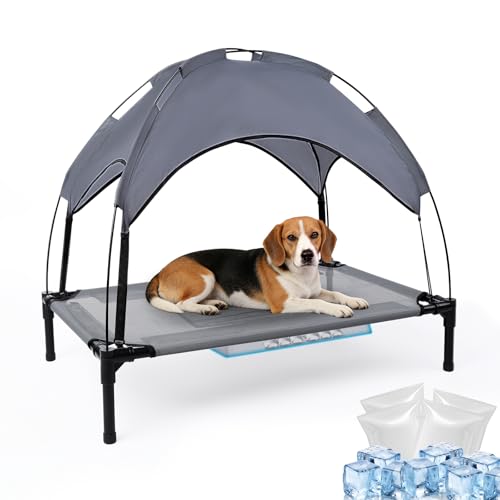 34.3'' Outdoor Elevated Dog Bed with Canopy, Raised Dogs Bed Small Medium Size Dogs with Four Ice Pack, Breathable Cooling Dog Cot Beds, Outdoor Dog Hammock Bed, Outside Pet Bed(Small) - size: Small(34.3"L x 21.78"W x 7"Th)