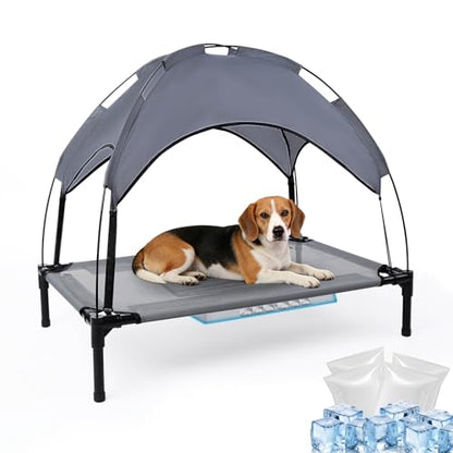 34.3'' Outdoor Elevated Dog Bed with Canopy, Raised Dogs Bed Small Medium Size Dogs with Four Ice Pack, Breathable Cooling Dog Cot Beds, Outdoor Dog Hammock Bed, Outside Pet Bed(Small) - size: Small(34.3"L x 21.78"W x 7"Th)