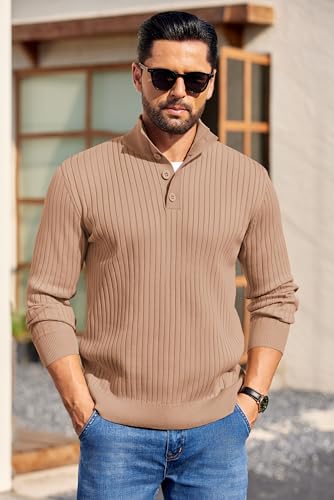 COOFANDY Mens Quarter Button Sweater Long Sleeve Stand Collar Sweaters Casual Knitted Ribbed Dress Pullover - color: Apricot, size: X-Large