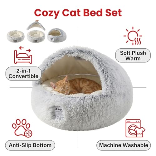 Cozy Zipper Convertible Cat Bed Cave, 2 in 1 Round Plush Donut Dog Bed with Removable Hood, Warm Fuzzy Enclosed Pet Nest Bed for Small Dogs Kittens, Machine Washable (Grey, 19.7 in Small Size) - color: Grey, size: 19.7 in Small Size