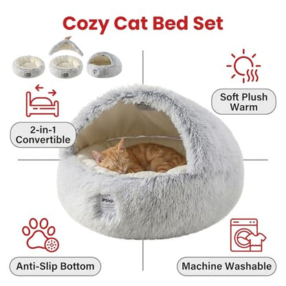 Cozy Zipper Convertible Cat Bed Cave, 2 in 1 Round Plush Donut Dog Bed with Removable Hood, Warm Fuzzy Enclosed Pet Nest Bed for Small Dogs Kittens, Machine Washable (Grey, 23.6 in Medium Size) - color: Grey, size: 23.6 in Medium Size
