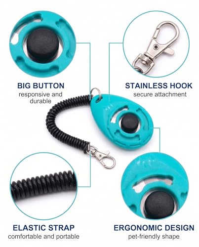 Dog Training Clicker with Coiled Wrist Strap and Metal Clip, Ergonomic Audible Marker for Puppy Obedience, Bone Pattern Design, Durable Plastic, Black and Teal Colors