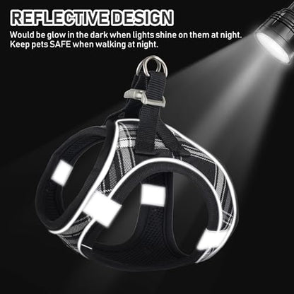 GAMUDA Small Dog Harness Collar and Leash Set, Step in No Chock No Pull Soft Mesh Adjustable Dog Vest Harnesses Plaid Reflective for Dogs Puppy Cats Kitten Rabbit (Black, XL) - color: Black, size: XL