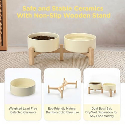 SPUNKYJUNKY Elevated Dog Bowls Ceramic, 5.1'' Dogs and Cat Food Water Bowls Raised with Non-Slip Bamboo Stand for Puppy Small Sized Breed Microwave Dishwasher Safe - 13.5 OZ,Beige - color: Beige, size: 5.1 in - 1.7 cups