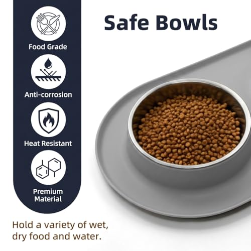 Double Stainless Steel Cat Food Bowls with Non-Slip Silicone Mat, Double Pet Feeder for Food & Water, Spill Proof Cat Dish Set for Small Medium Dogs & Cats, 1.5 Cups Each Bowl, Grey Mediun - color: Grey