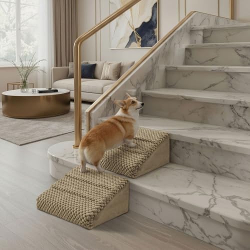 Dog Ramp for Stairs - Anti-Slip Foam Stair Wedges for Small & Senior Dogs, Cats, Gentle Slope Pet Steps with Washable Corduroy Cover, Self-Sticky Pads for Safe Climbing (Khaki-2 Pack) - color: Khaki-2 PACK