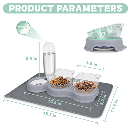 Triple Cat Bowls for Food and Water, YECERCAN Plastic Raised Cat Bowls with Automatic Water Bottle & Waterproof Mat for Cats/Small Dogs, 3 in 1 Pet Feeder for Wet/Dry Food