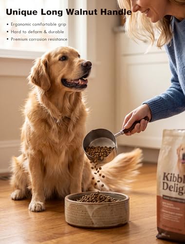 Dog Food Scoop 1 Cup with Cleaning Towel and Drying Rack, 304 Stainless Steel Dog Food Measuring Cup with Walnut Handle, Dishwasher Safe Pet Food Scoop for Dogs and Cats