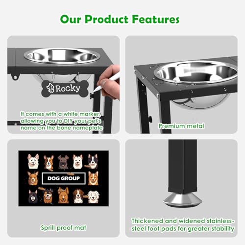 SHAINFUN Elevated Dog Bowls with Mat for Large & Extra Large Dogs, Raised Dog Bowl Stand with Two 101oz Stainless Steel Bowls, Tall Dogs Food Water Bowl Holder - color: Black-3L