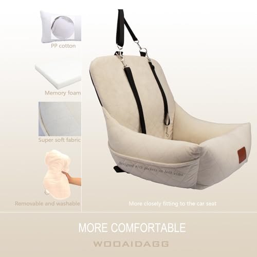 WOOAIDAGG Dog Car Seat for Small Dogs,Ultra-Soft Fabric,2 Storage Pockets & Safety Leash,Adjustable Straps,Easy to Install,Fully Detachable and Washable(Beige) - color: Beige