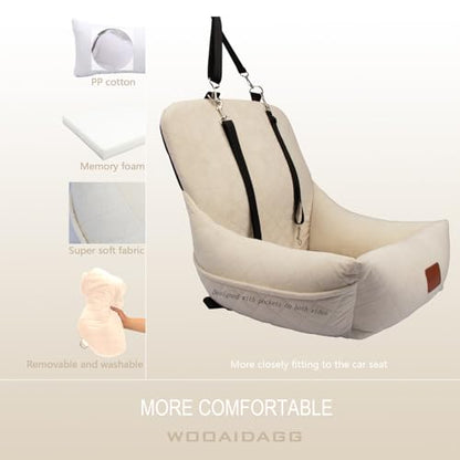 WOOAIDAGG Dog Car Seat for Small Dogs,Ultra-Soft Fabric,2 Storage Pockets & Safety Leash,Adjustable Straps,Easy to Install,Fully Detachable and Washable(Beige) - color: Beige
