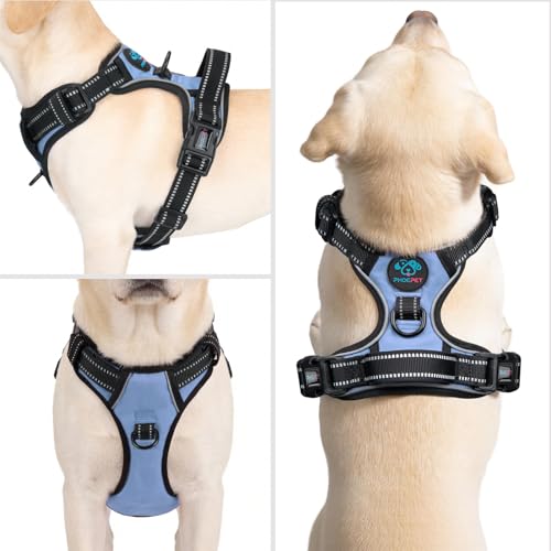 PHOEPET No Pull Dog Harness Reflective Adjustable with 2 Metal Leash Hooks and Soft Training Handle [Over The Head Design](S, Baby Blue) - color: Baby Blue, size: Small