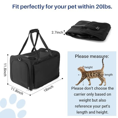 Pet Carrier for Large Cats, Soft Cat Carrier for Medium Big Cats and Puppies up to 20lbs, Washable Dog Carrier 18" L x 11.8" W x 11.8” H for Traveling Home and Outdoor