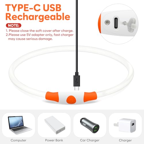 HIGO Light Up Dog Collar USB Rechargeable LED Dog Collar Glow in The Dark, TPU Flash Dog Necklace Light Make Your Dogs Be Visible& Safe (Orange) - color: Orange