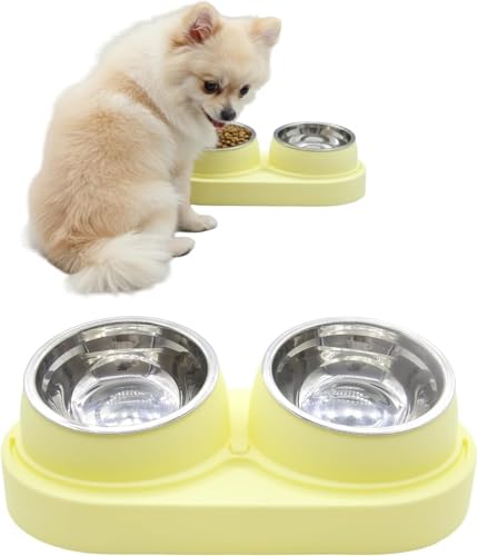 Non-Slip Tilted Double Dog & Cat Bowl with Removable Inserts, Anti-Tip Dual Food and Water Feeder for Small Dogs and Cats, Easy to Clean (Pastel Yellow) - color: Pastel Yellow