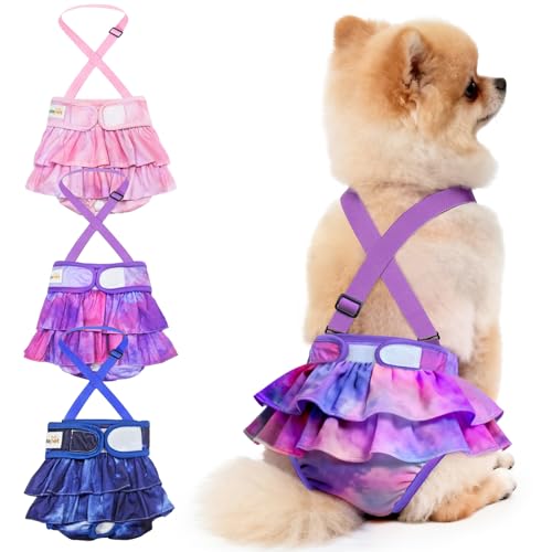 Idepet Female Dog Diapers with Suspender Detachable, 3 Pack Tie Dye Washable Reusable Girl Doggie Diapers Skirts for Small Medium Female Dog in Heat Period Cycle Urinary Incontinence Training XL - size: XL