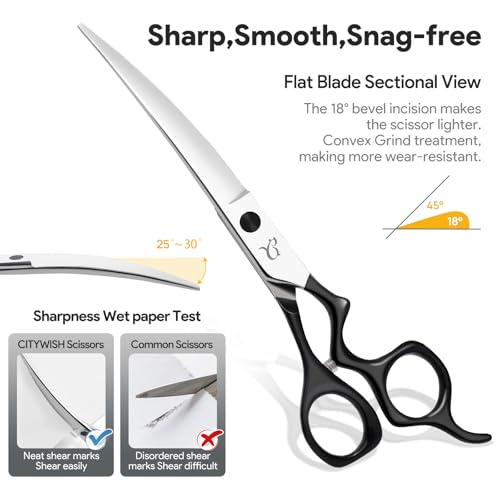 Dog Grooming Scissors,Curved Chunkers Shears Deg Grooming with Safety Round Tips, Sharp and Comfortable 4 in 1 Dog Scissers for Grooming