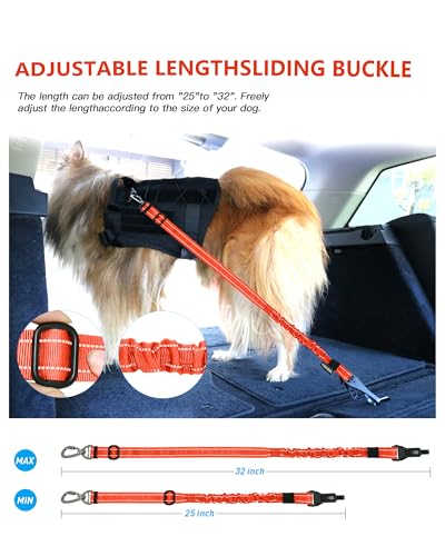 AUBELL Dog Seat Belt for Car,2 Pack Set 3-in-1 Adjustable Reflective Bungee Heavy Duty Dog Car Harness Tether with Clip Hook Latch & Buckle,Swivel Zinc Alloy Carabiner,Black+Orange - color: Set Black+Orange