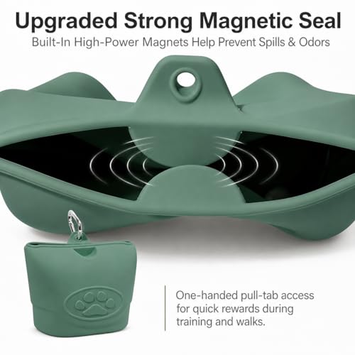 Upgraded Dog Treat Pouch with Strong Magnetic Closure - Small Silicone Training Bag, Waist-Mounted Clip & Leash Carabiner, Airtight Portable Treat Bag (Dark Green) - color: Dark Green