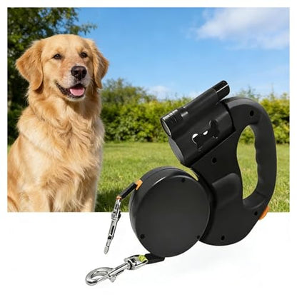 Dual Retractable Dog Leash, Bring A Flashlight and A Stool Bag Holder， 360° Tangle-Free Pet Walker， for 2 Dogs One-Hand Brake for Small Medium Pets(Black) - color: Black