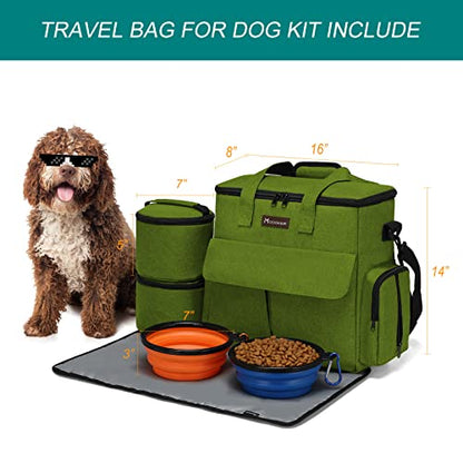 Modoker Dog Travel Bag, Weekend Pet Travel Set for Dog and Cat, Airline Approved Tote Organizer with Multi-Function Pockets and 2 Food Storage Containers, 2 Collapsible Bowls, 1 Feeding Mat (Green) - color: Green