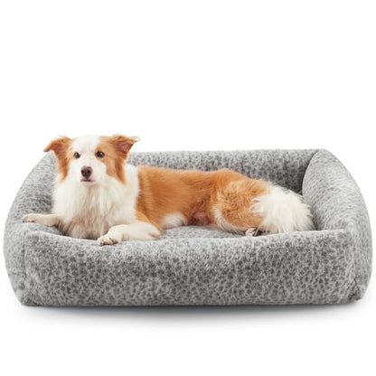 JOEJOY Dog Bed Medium Size Dog, Removable Washable Cover Orthopedic Soft Pet Bed, Anti-Slip Fluffy Plush Faux Rabbit Fur Puppy Bed, 30"x24"x8", Leopard Print, Grey - color: Grey, size: M (30"x24"x8")