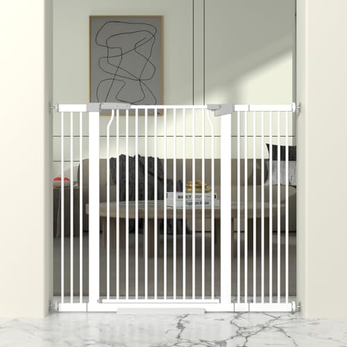 41" Extra Tall Cat Gate for Doorway, 40.6-49.1'' Metal Pet Baby Safe Gate, Extra Wide Pressure Mounted Child Door with Expansion Kit, No Drilling Cat Fence Indoor, Tall Dog Gate, White - size: 29.6-49.1''W