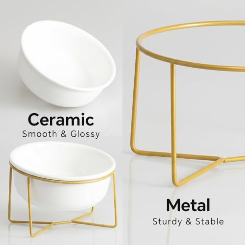 White Large Ceramic Tilted Elevated Cat Dog Bowl Raised Cat Food Water Bowl Dish Pet Comfort Feeding Bowls with Gold Iron Stand - color: White, size: Large