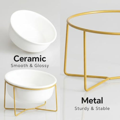 White Large Ceramic Tilted Elevated Cat Dog Bowl Raised Cat Food Water Bowl Dish Pet Comfort Feeding Bowls with Gold Iron Stand - color: White, size: Large