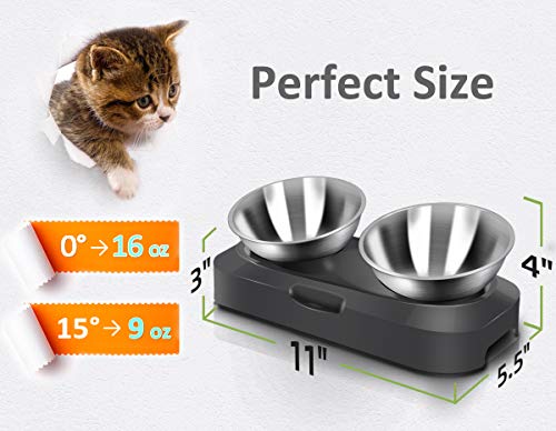 AYADA Raised Cat Food Bowl, Stainless Steel Cat Dish for Dry Wet Food Water, Anti Vomiting Elevated with Stand Ergonomic Lifted Slanted Tilted 15 Angle Metal Single Kitty Kitten Pet Bowl (Double) - color: Double