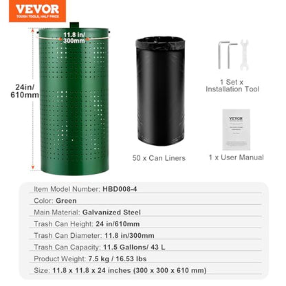 VEVOR Dog Poop Trash Can With 50 Liner Bags, 11.5 Gallons Outdoor Waste Bin With Lid & Liner Clip for Pet Waste Station, Disposal Container for Garden Backyard Park