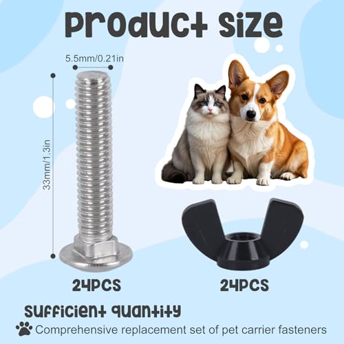 YeeBeny 24 pet Carrier Fasteners Set, Dog Kennel Replacement Screws and Bolts Butterfly Nuts,M6 Dog Kennel Replacement Screws, Pet Kennel Brackets