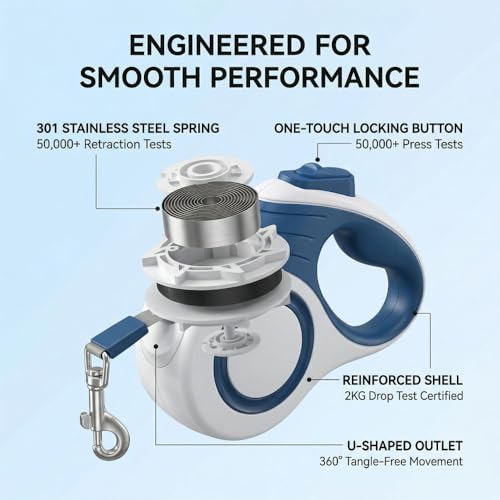 360° Tangle-Free Retractable Dog Leash, 16ft Strong Nylon Tape, Anti-Slip Rubber Handle, One-Handed Brake Pause Lock, for Small to Medium Dogs Up to 55 lbs, (Blue White)