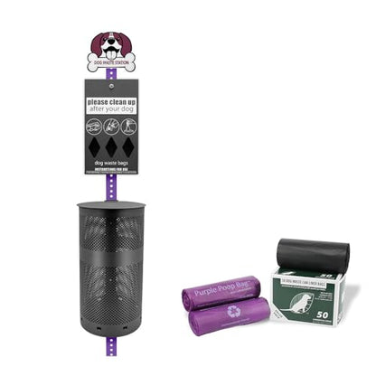 Rust-Proof, Aluminum Dog Pet Waste Station Outdoor. Poop Bag Dispenser, Cute Purple Dog Sign & Post, Large Lidded Trash Can, 400 Bags & 25 Can Liners. Purple & Black - color: Purple | Matte Black