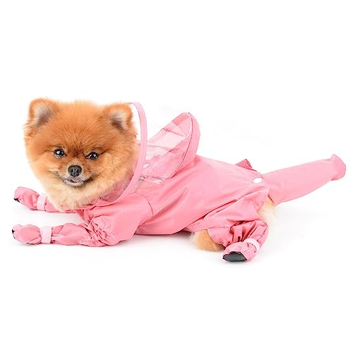 PAIDEFUL Small Dog Full Body Coverage Raincoat Solid Four-Leg Onesie Rain Jacket Waterproof Hoodie Puppy Clothes Button Lightweight Cats Costume, Pink, XL - color: pink, size: XL: Chest: 19.7", Back: 16.5"