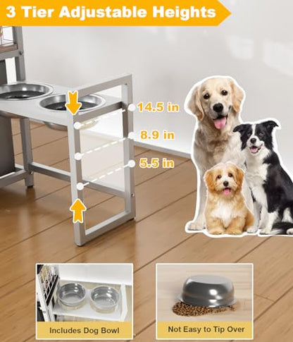 30.6Long x 26.2 High Elevated Dog Bowl Stand with Pet Food Storage Organizer, Adjustable Raised Feeding Station with Toy Basket for Large Medium Small Dogs and Cats, White - color: White