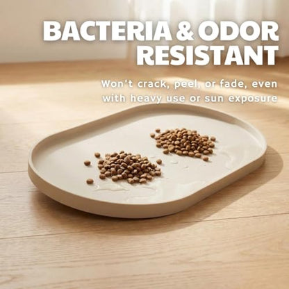 Oval Silicone Dog Food Mat - 19"x11" Aesthetic Pet Feeding Mat for 2 Bowls, BPA-Free Food Grade Silicone Mat with Raised Edges to Contain Spills, Waterproof & Non-Slip Dog Mat for Floors, Beige