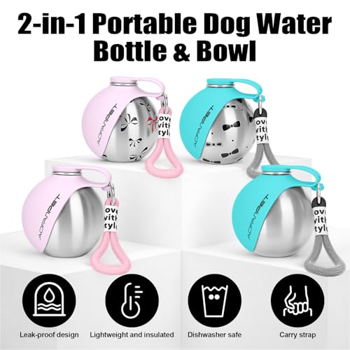Portable Dog Water Bottle 10oz Stainless Steel Travel Dog Water Dispenser with Bowl No-Spill Puppy Water Bottle for Walking Hiking Small Dog Water Bottle - color: Pink