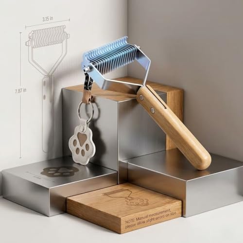 2-in-1 Dog Undercoat Rake and Dematting Tool - Durable Stainless Steel Deshedding Brush with Ergonomic Wooden Handle - Grooming Rake for Long Haired Cats & Dogs with Hair Keepsake Keychain(L) - size: l