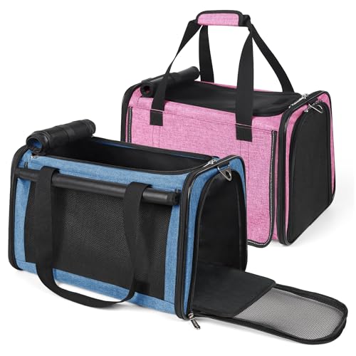 YUDODO 2 Packs 25 lbs Lightproof Soft Sided Pet Carrier for Large Cat & Small Dog Airline Approved Travel Bag Puppy Carriers with Side Pockets & Reflective Mesh, Foldable Portable Pink+Lake Blue - color: Pink*1+Lake Blue*1