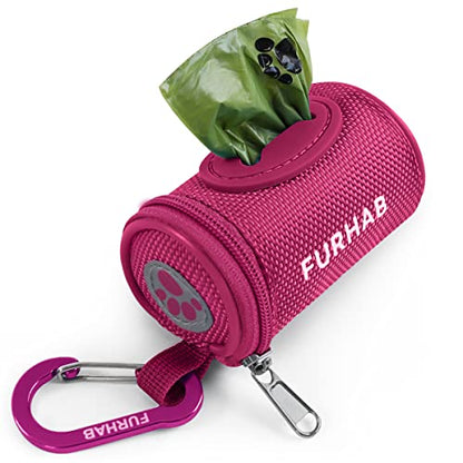 FURHAB Dog Poop Bag Holder for Leash Doggie Waste Bag Dispenser Soft Fabric Puppy Potty Carrier Small Doggy Zipper Pouch with Carabiner Clip 1680D Nylon Oxford with 1 Roll of Pet Trash Bags, Rose Red - color: Rose Red