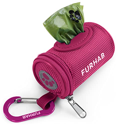 FURHAB Dog Poop Bag Holder for Leash Doggie Waste Bag Dispenser Soft Fabric Puppy Potty Carrier Small Doggy Zipper Pouch with Carabiner Clip 1680D Nylon Oxford with 1 Roll of Pet Trash Bags, Rose Red - color: Rose Red