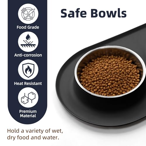 Double Stainless Steel Cat Food Bowls with Non-Slip Silicone Mat, Double Pet Feeder for Food & Water, Spill Proof Cat Dish Set for Small Medium Dogs & Cats, 1.5 Cups Each Bowl, Black Mediun - color: Black