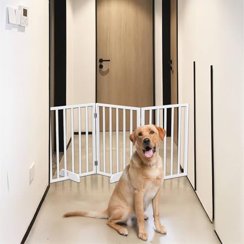 24" Tall Wooden Dog Gates, 4 Panels Pet Fences Indoor, Freestanding Foldable Pet Gates Wide Dog Barrier Set of Support Feet Included, for Stairs, House, Doorway 72''x24'' (White) - size: 24in White