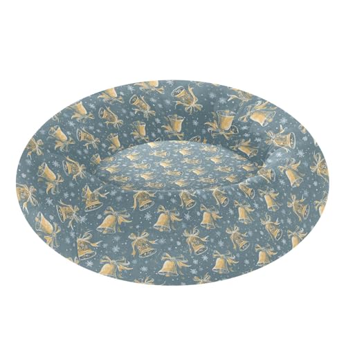 Pet Bed Santa Golden Bells Blue Cat Snuggler Soft Winter Cushion, Cozy Round Bolster Nest for Indoor Kittens & Small Pets 15" - size: X-Small