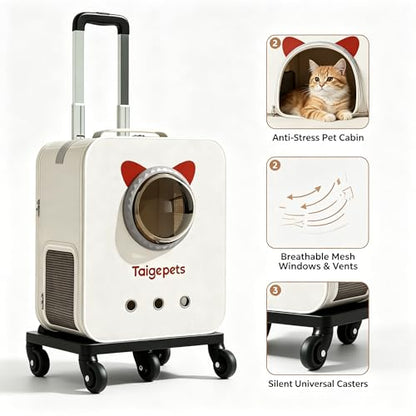 Rolling Cat Carrier Backpack with Wheels, Large Breathable Pet Travel Bag, Lightweight Space Capsule Pet Luggage Carrier for Cats Small Dogs Up to 22lbs