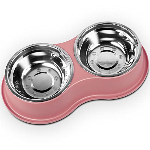 Epetslove Dog Bowls Large Double Dog Water and Food Bowls Stainless Steel Bowls with Non-Slip Resin Station, Pet Feeder Bowls Food Dish for Small Medium Large Dogs Cats - color: 5.Pink, size: Large-34oz